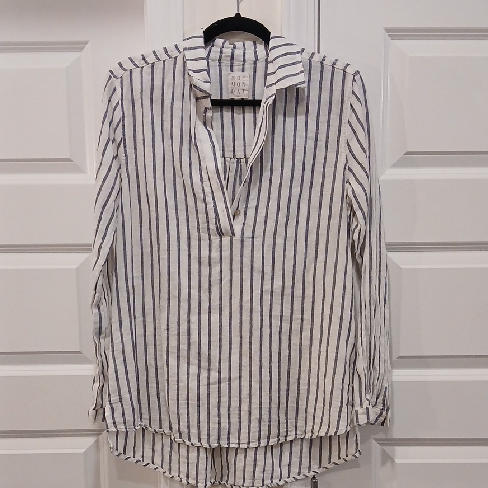 Not Monday Linen Cotton Blend Quarter Button Top White Blue Stripe Size Small